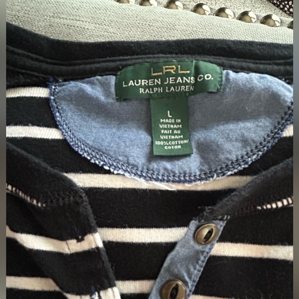 Lauren Ralph Lauren Women’s Black White Striped Pocket Long Sleeve Henley Size L - Picture 6 of 11